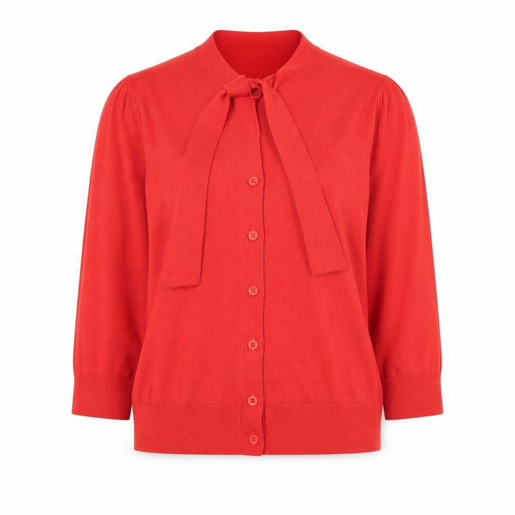 Front view of L.K.Bennett Red Silk Cotton Bow Cardigan S unisex 3/4 sleeve