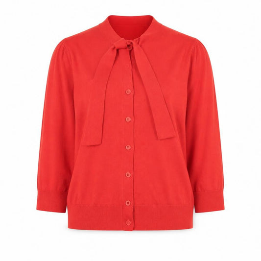Front view of L.K.Bennett Red Silk Cotton Bow Cardigan S unisex 3/4 sleeve