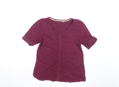 White Stuff Women's Purple Cotton Embroidered V-Neck T-Shirt Size 12