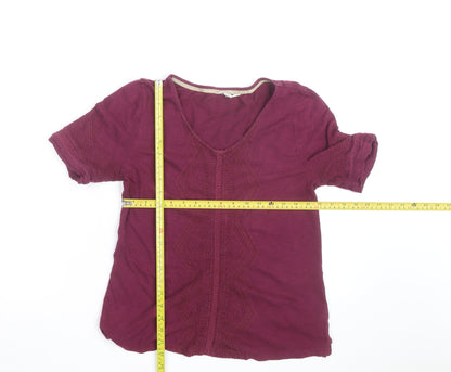 White Stuff Women's Purple Cotton Embroidered V-Neck T-Shirt Size 12