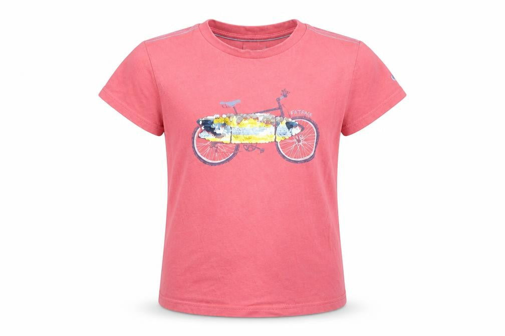 Front view of FatFace girls’ pink sequin bicycle graphic t-shirt 8-9 years