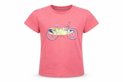 Front view of FatFace girls’ pink sequin bicycle graphic t-shirt 8-9 years