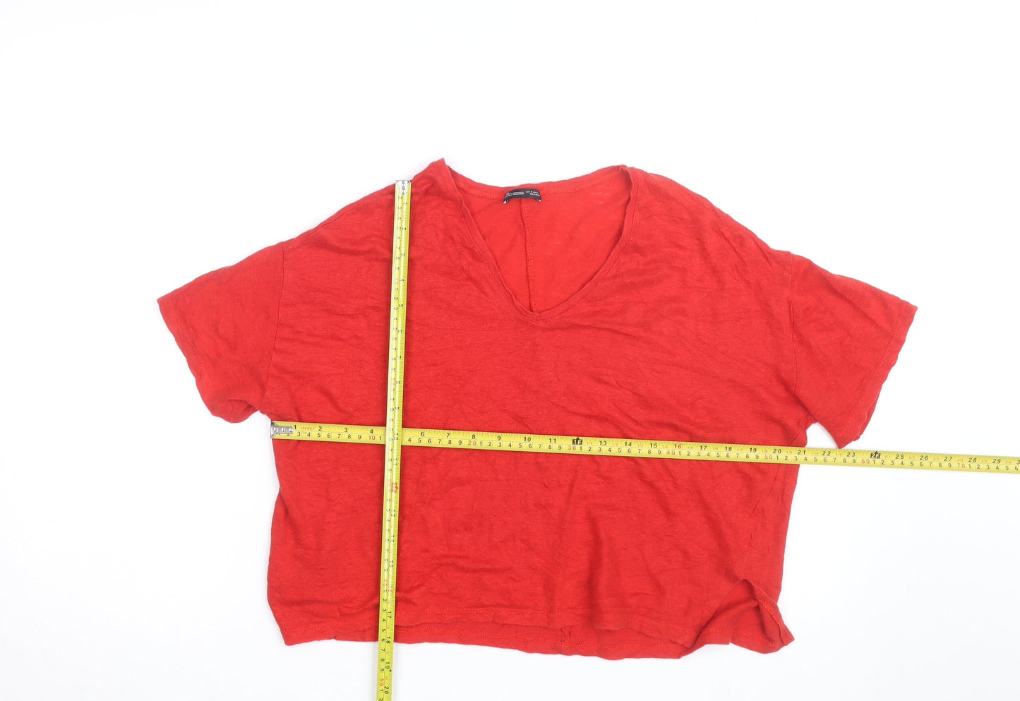 Zara Women Red Linen Cropped V-Neck T-Shirt Medium