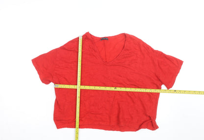 Zara Women Red Linen Cropped V-Neck T-Shirt Medium