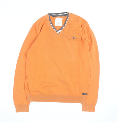 Esprit Men’s Orange V-Neck Cotton Pullover Jumper Size M
