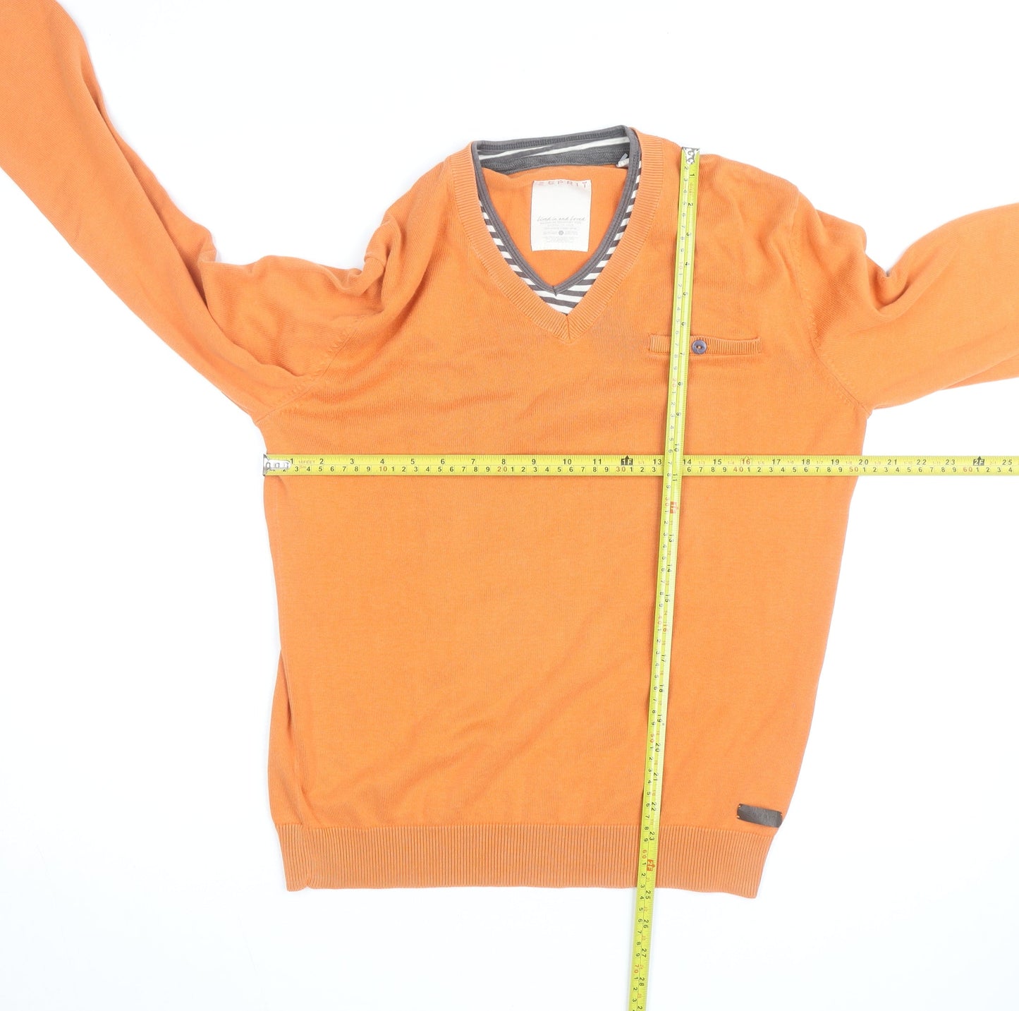 Esprit Men’s Orange V-Neck Cotton Pullover Jumper Size M