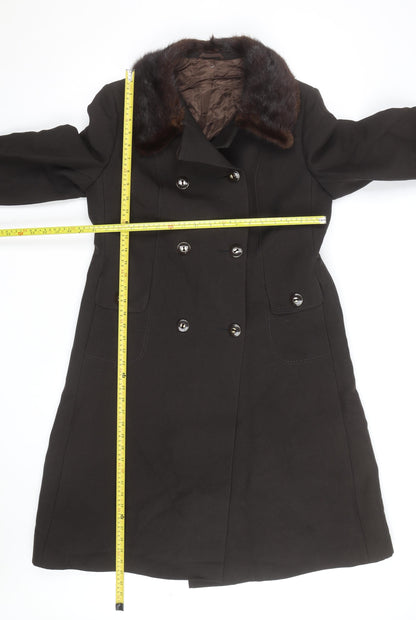 Fenister Women's Black Wool Long Overcoat with Fur Collar Size 12-14