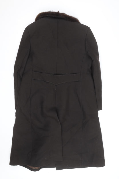 Fenister Women's Black Wool Long Overcoat with Fur Collar Size 12-14