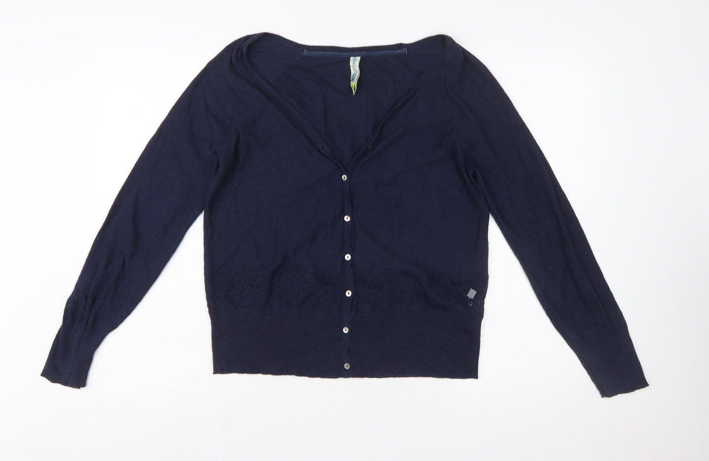 Weird Fish Women Blue Size 10 Cotton V-Neck Button Cardigan