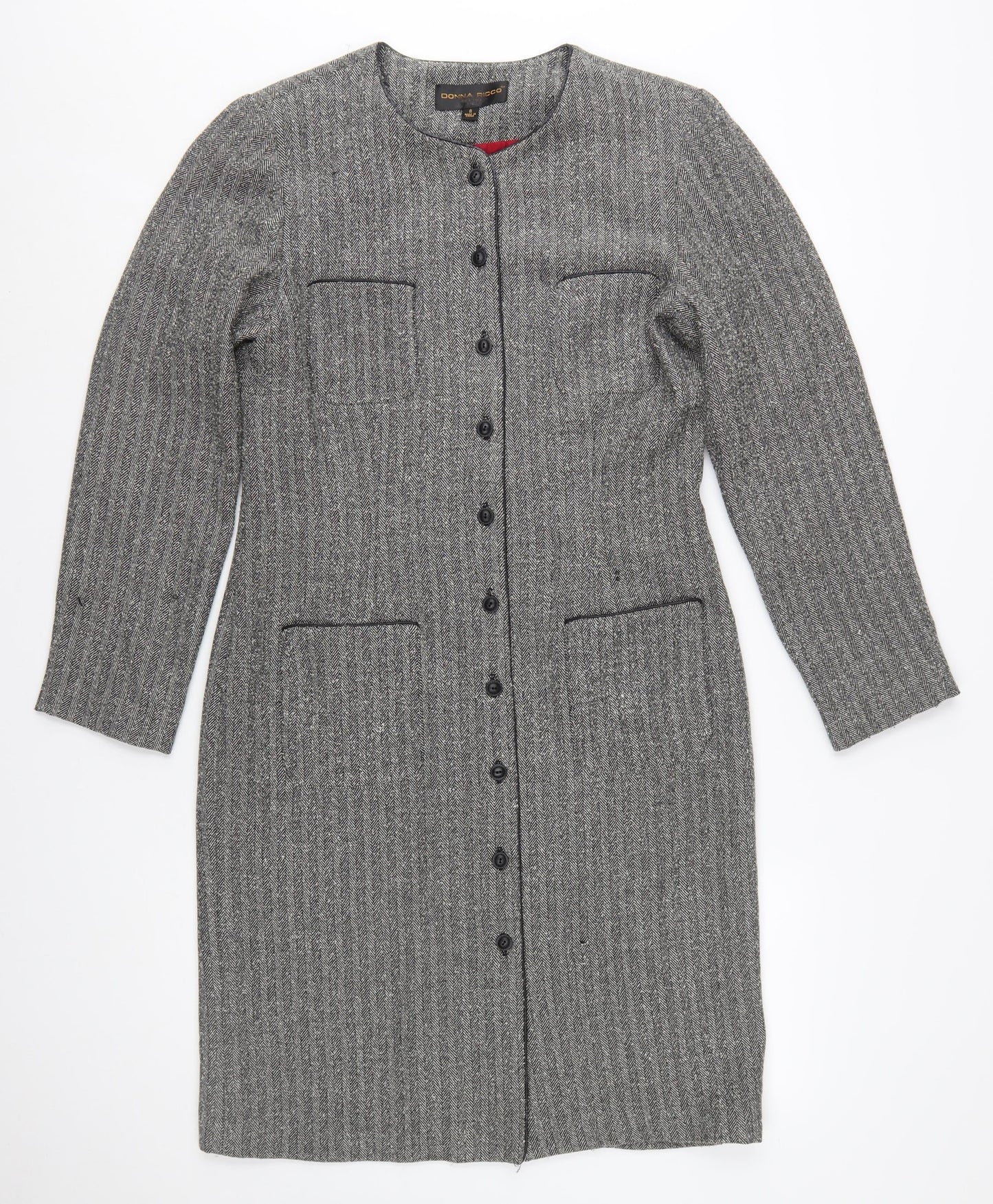 Donna Ricco Womens Grey Herringbone Long Coat Size 12
