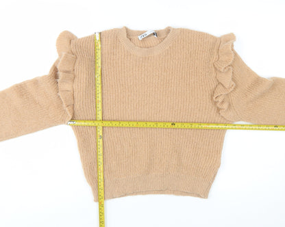 ZARA Women Beige Ruffle Knit Pullover Jumper Size 12