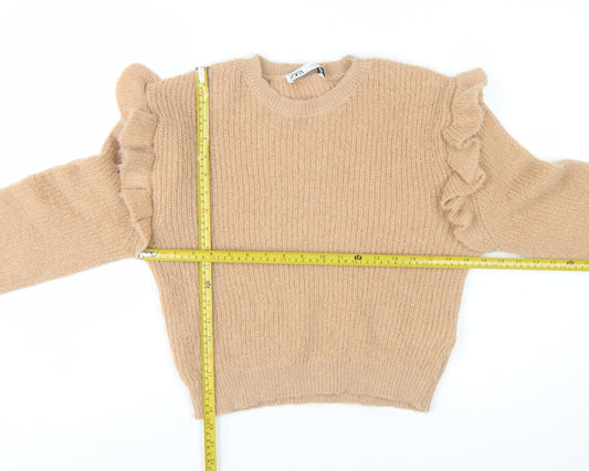 ZARA Women Beige Ruffle Knit Pullover Jumper Size 12