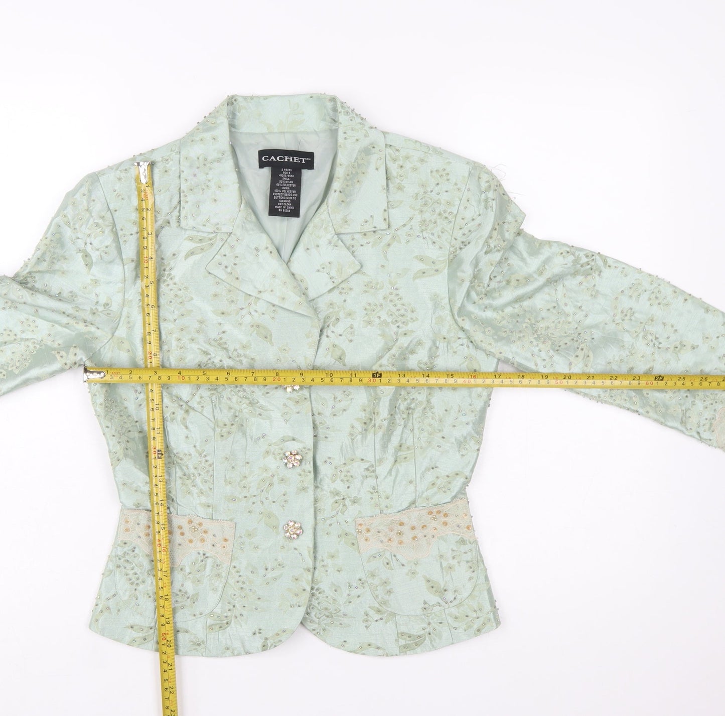 Cachet Women Mint Green Floral Blazer Size 10 Beaded Formal Jacket