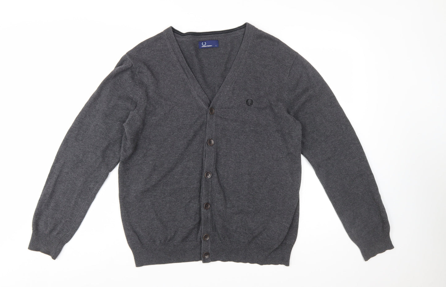 Fred Perry Men's Grey Cotton V-Neck Button Cardigan L