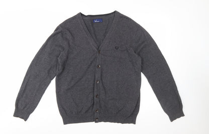 Fred Perry Men's Grey Cotton V-Neck Button Cardigan L