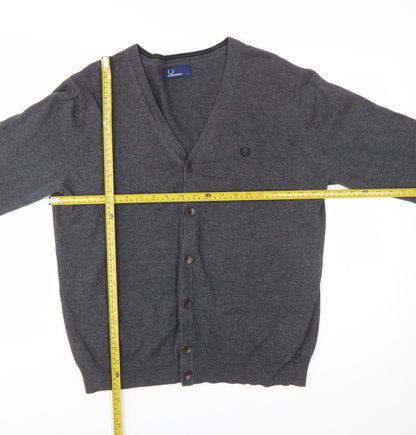 Fred Perry Men's Grey Cotton V-Neck Button Cardigan L