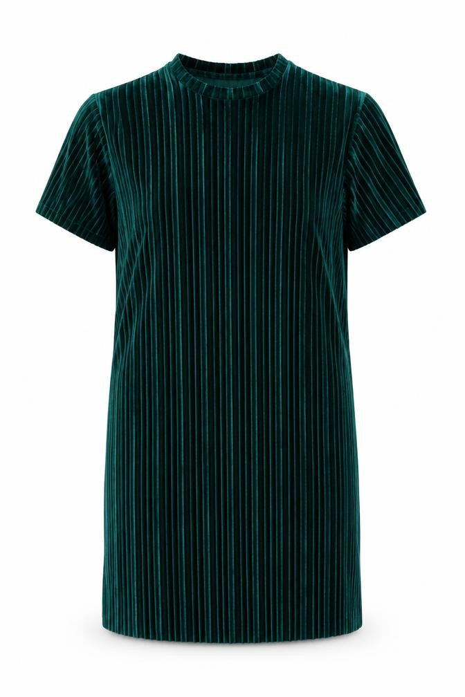 Front view of JD Williams Women’s Green Velvet Striped T-Shirt Dress, size UK 10