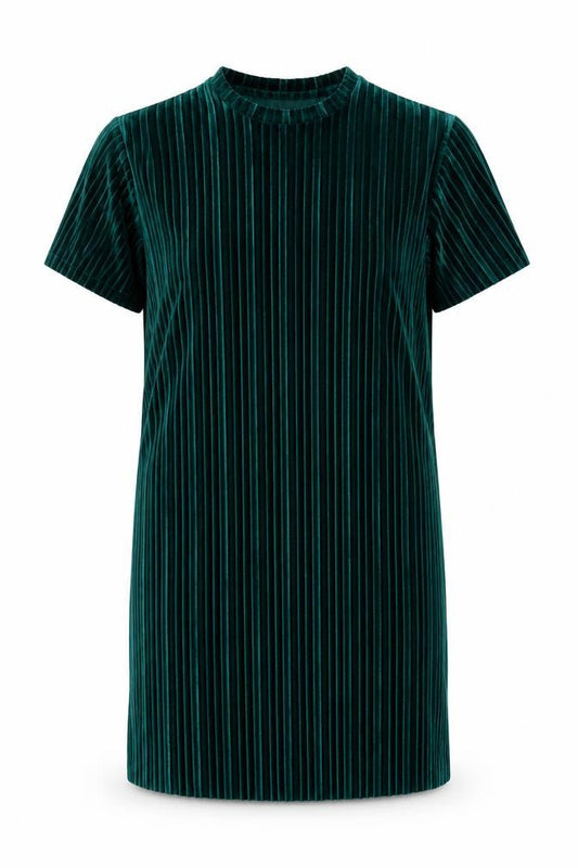 Front view of JD Williams Women’s Green Velvet Striped T-Shirt Dress, size UK 10