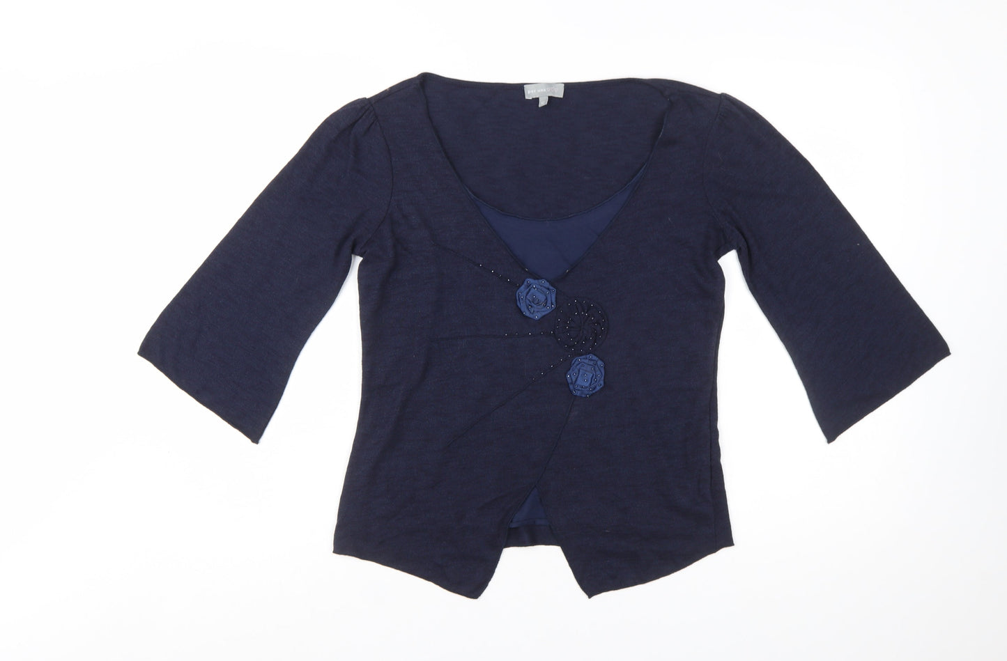 Marks and Spencer Per Una Women's Blue 3/4 Sleeve V-Neck Cardigan Size 12