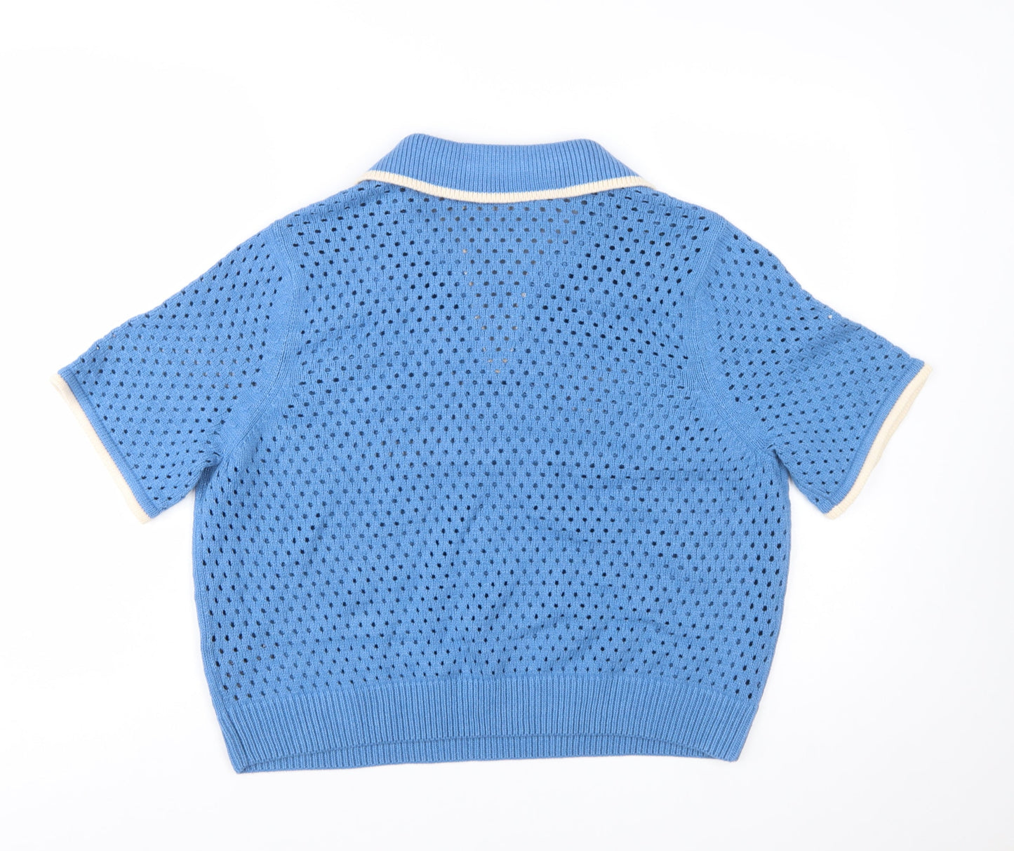 Marks and Spencer Women's Blue Collared Open Knit Short Sleeve Jumper L