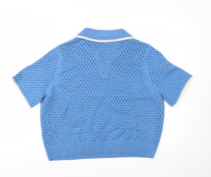 Marks and Spencer Women's Blue Collared Open Knit Short Sleeve Jumper L