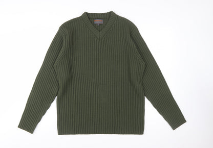 No Excess Men's Green V-Neck Chunky Knit Cotton Jumper Size S