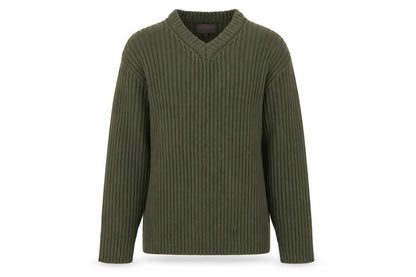 No Excess Men's Green V-Neck Chunky Knit Cotton Jumper Size S