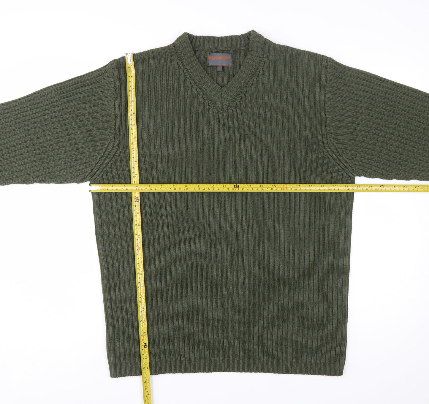 No Excess Men's Green V-Neck Chunky Knit Cotton Jumper Size S