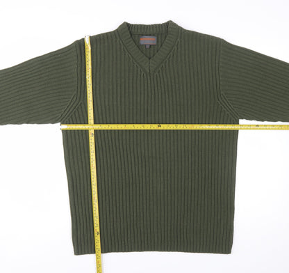 No Excess Men's Green V-Neck Chunky Knit Cotton Jumper Size S