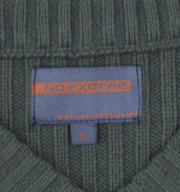 No Excess Men's Green V-Neck Chunky Knit Cotton Jumper Size S