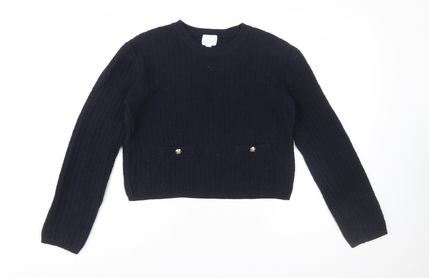 H&M Women's Blue Chunky Knit Cotton Acrylic Crew Neck Jumper Size 12