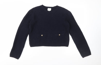 H&M Women's Blue Chunky Knit Cotton Acrylic Crew Neck Jumper Size 12