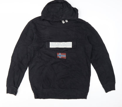 Napapijri Men's Black XL Pullover Hoodie with Logo Flag Patch