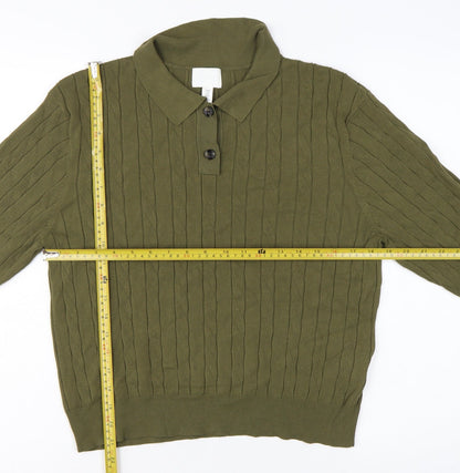 H&M Womens Green Collared Cable Knit Henley Jumper Size 12