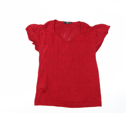 Mango Women Red Viscose V-Neck Short Sleeve Pullover Jumper Size 12