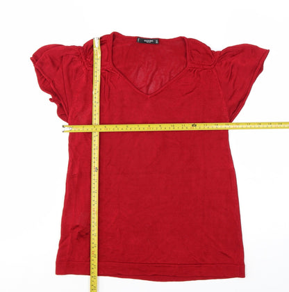 Mango Women Red Viscose V-Neck Short Sleeve Pullover Jumper Size 12