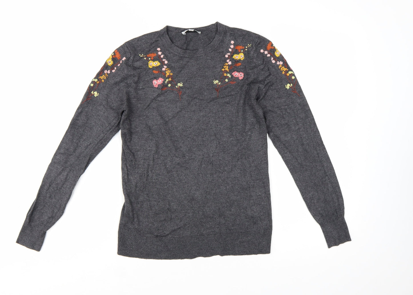 Warehouse Women’s Grey Floral Embroidered Knit Jumper Size 8