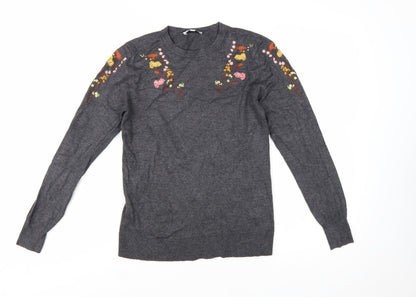 Warehouse Women’s Grey Floral Embroidered Knit Jumper Size 8