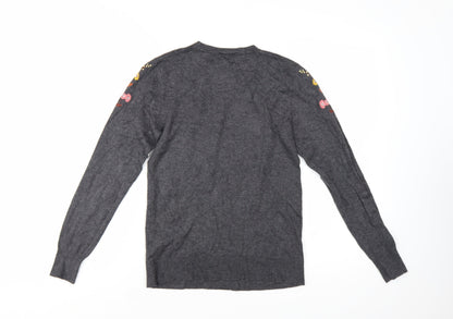 Warehouse Women’s Grey Floral Embroidered Knit Jumper Size 8