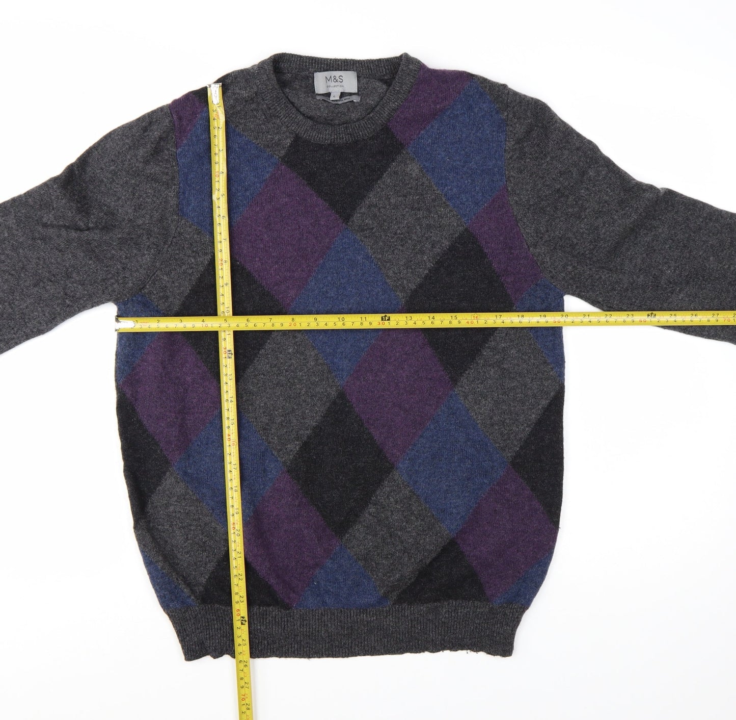 Marks and Spencer Men's Grey Argyle Wool Jumper L Classic Fit