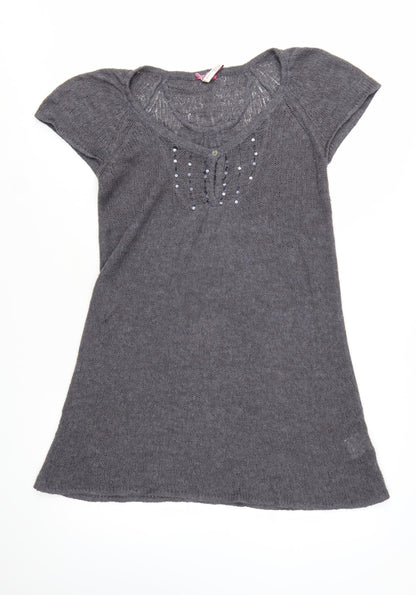 White Stuff Women's Grey Tunic Jumper Size 12 Beaded Knit Short Sleeve