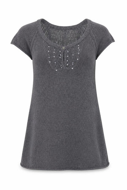 White Stuff Women's Grey Tunic Jumper Size 12 Beaded Knit Short Sleeve