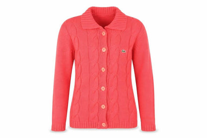 Lacoste Women's Pink Collared Cable-Knit Cotton Cardigan XL