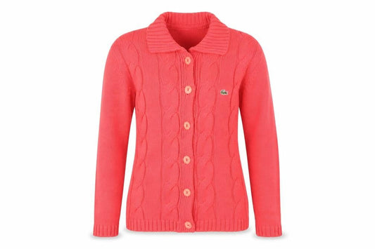 Front view of Lacoste Women's Pink Collared Cable-Knit Cotton Cardigan XL