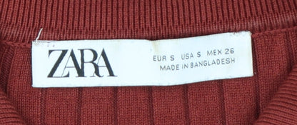 Zara Women's Red Collared Ribbed Button-Up Knit Cardigan Size S