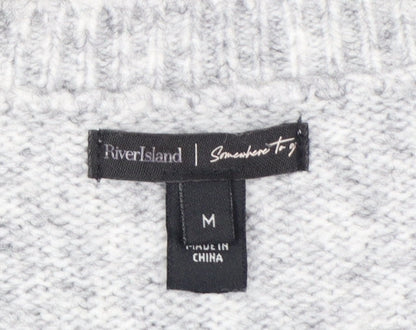 River Island Womens Grey Striped Crew Neck Button Detail Jumper Size M