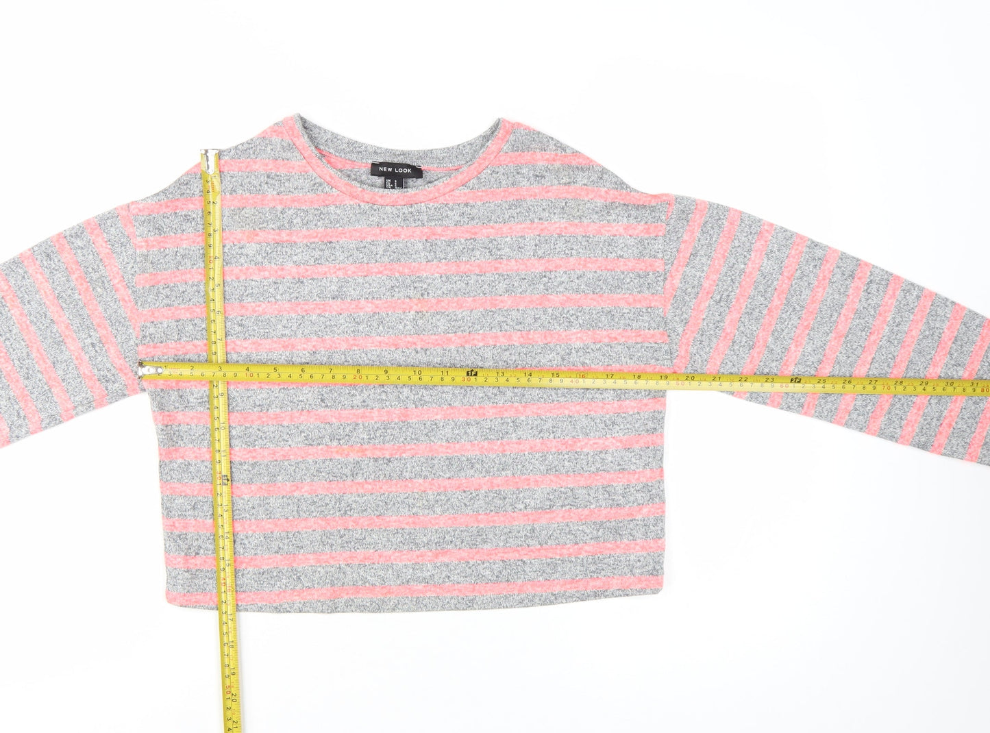 New Look Women's Grey Pink Striped Cropped Long Sleeve T-Shirt Size S