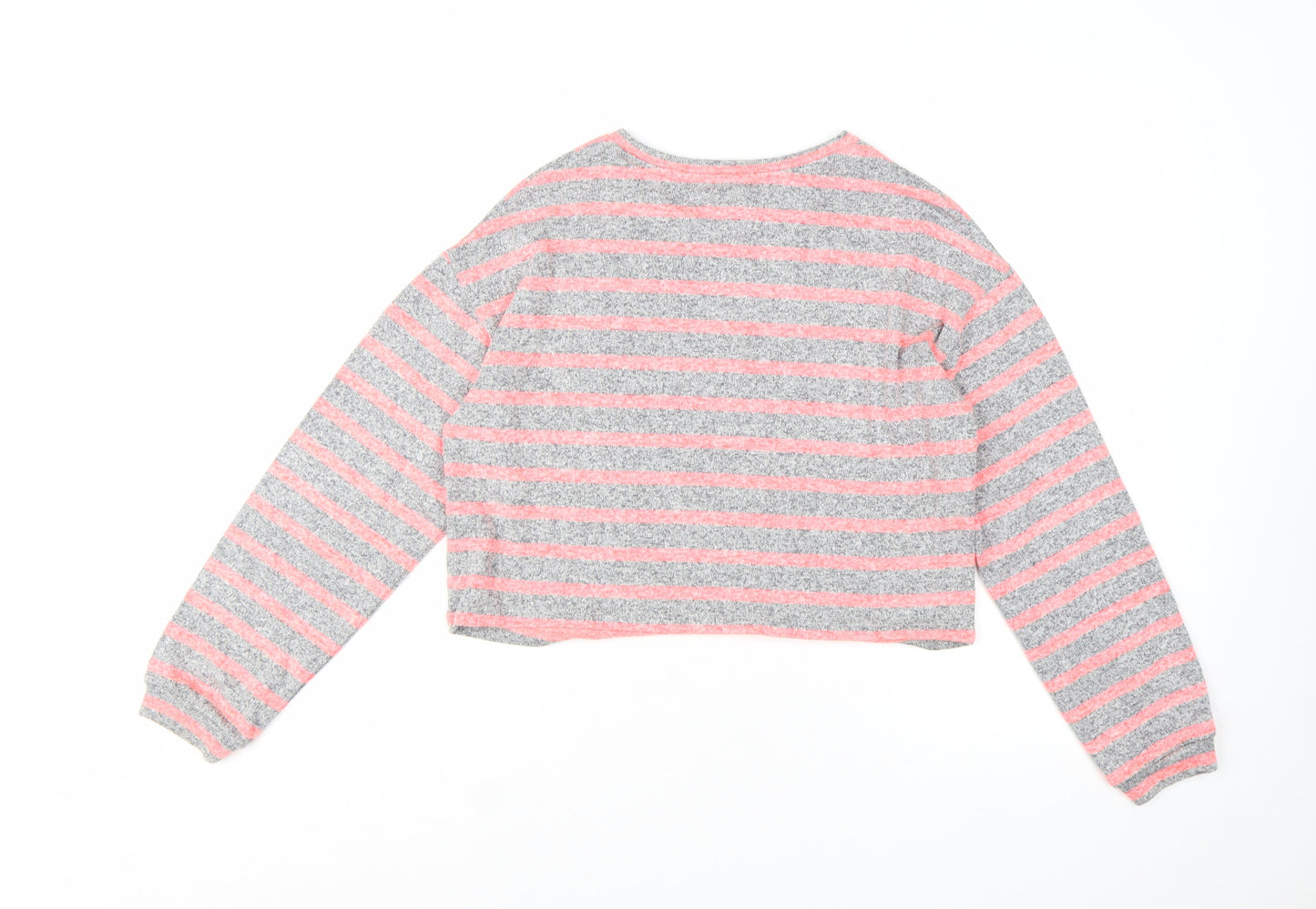 New Look Women's Grey Pink Striped Cropped Long Sleeve T-Shirt Size S