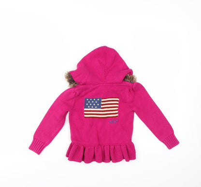 Ralph Lauren Girls Pink Full Zip Hooded Cardigan Faux Fur Trim Size 4 Years