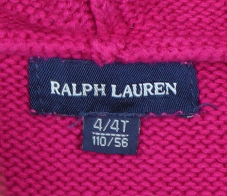 Ralph Lauren Girls Pink Full Zip Hooded Cardigan Faux Fur Trim Size 4 Years